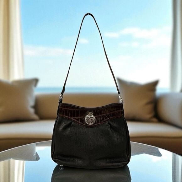 BRIGHTON  VINTAGE  BLACK  AND BROWN  LEATHER  SHOULDER  HANDBAG. - Picture 1 of 5